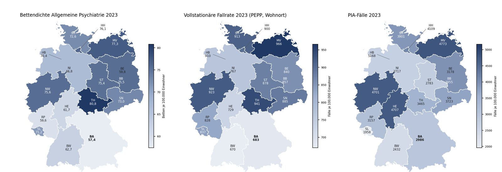 Drei Deutschlandkarten: Bettendichte, Fallrate und PIA-Fälle je Bundesland